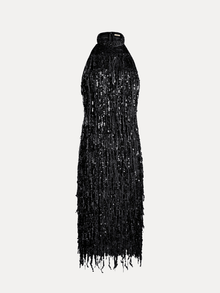 The Social Queen Crystal-Embellished Sequin Fringe Halter Dress features shimmering sequins and cascading fringe, making it an ideal formal dress. Shown against a plain white background.