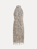 The Social Queen Crystal-Embellished Sequin Fringe Halter Dress is a sleeveless, knee-length, metallic silver and gold halter dress with a high neckline, sequin embellishments, and cascading fringe—ideal for formal occasions.