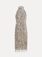 The Social Queen Crystal-Embellished Sequin Fringe Halter Dress is a sleeveless, knee-length, metallic silver and gold halter dress with a high neckline, sequin embellishments, and cascading fringe—ideal for formal occasions.
