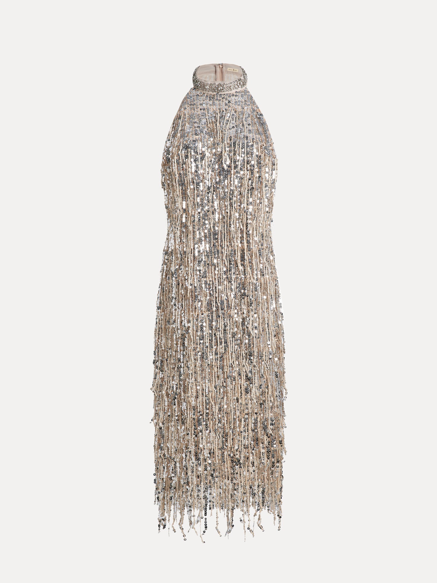 The Social Queen Crystal-Embellished Sequin Fringe Halter Dress is a sleeveless, knee-length, metallic silver and gold halter dress with a high neckline, sequin embellishments, and cascading fringe—ideal for formal occasions.