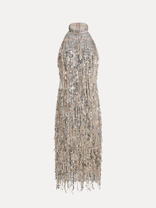 The Social Queen Crystal-Embellished Sequin Fringe Halter Dress is a sleeveless, knee-length, metallic silver and gold halter dress with a high neckline, sequin embellishments, and cascading fringe—ideal for formal occasions.