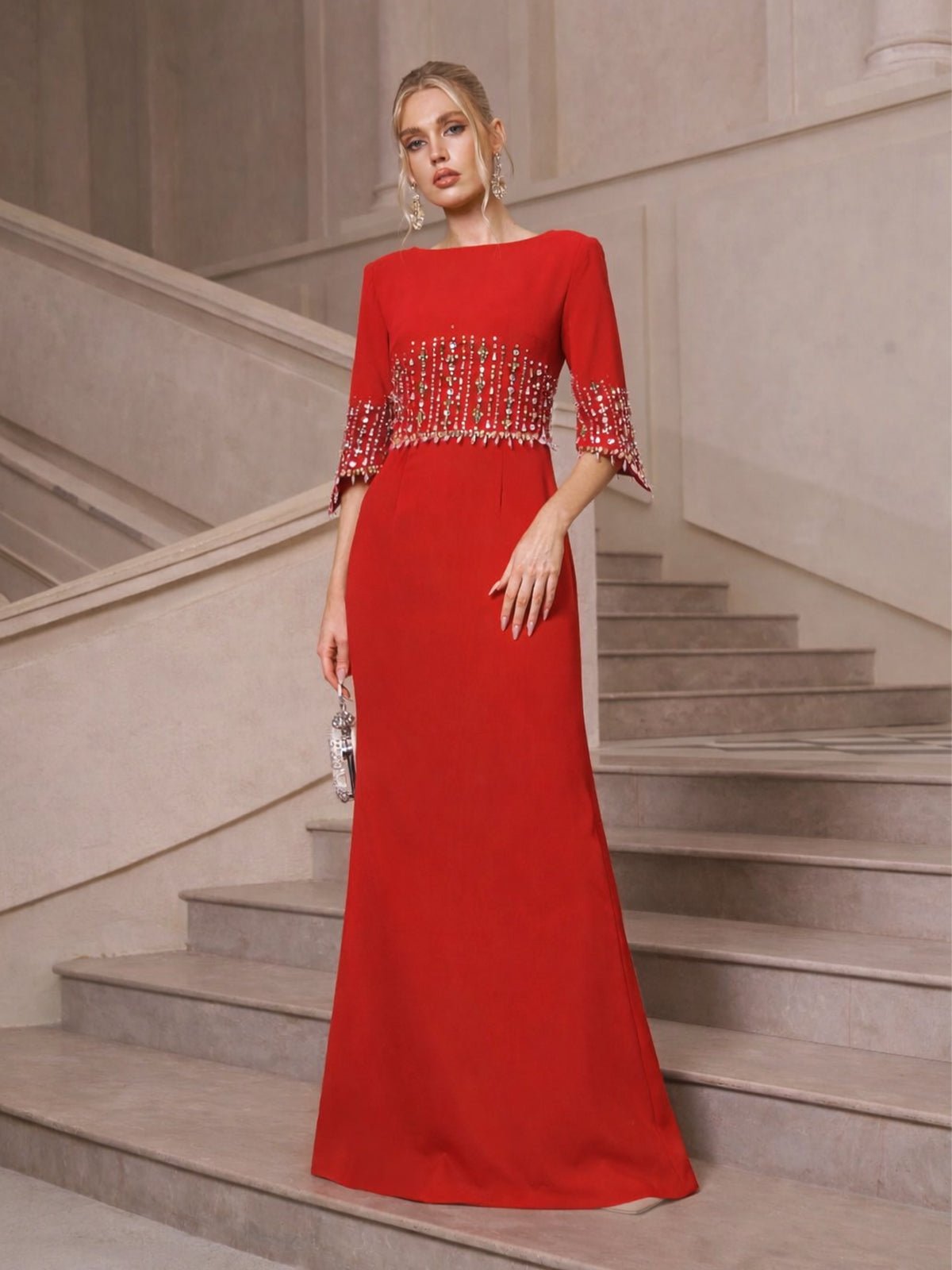 elegant fringe dress Crystal Fishtail Gown RED / S Nicole Miller Artelier Rayon Designed to enhance your zara denim dress Size:US L