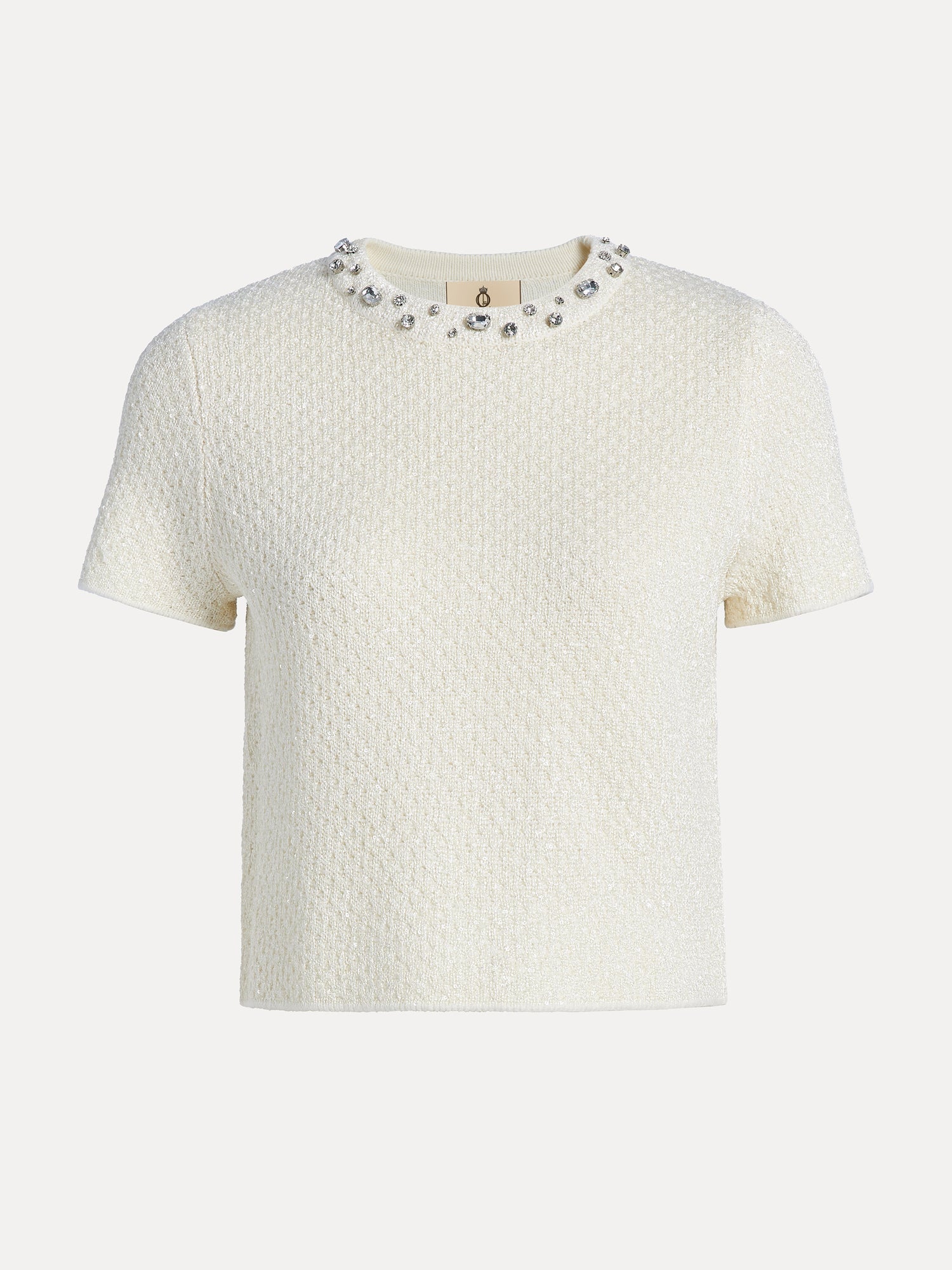 The Social Queen Crystal & Sequin Knit Textured Crop Top is a minimalist cream short-sleeve top with a round neckline and sparkling rhinestone accents.