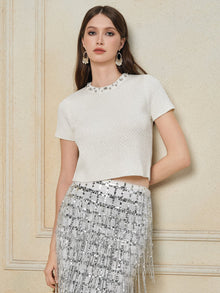 A woman stands against a beige wall wearing the Social Queen Crystal & Sequin Knit Textured Crop Top, styled with a silver-sequined fringe skirt.