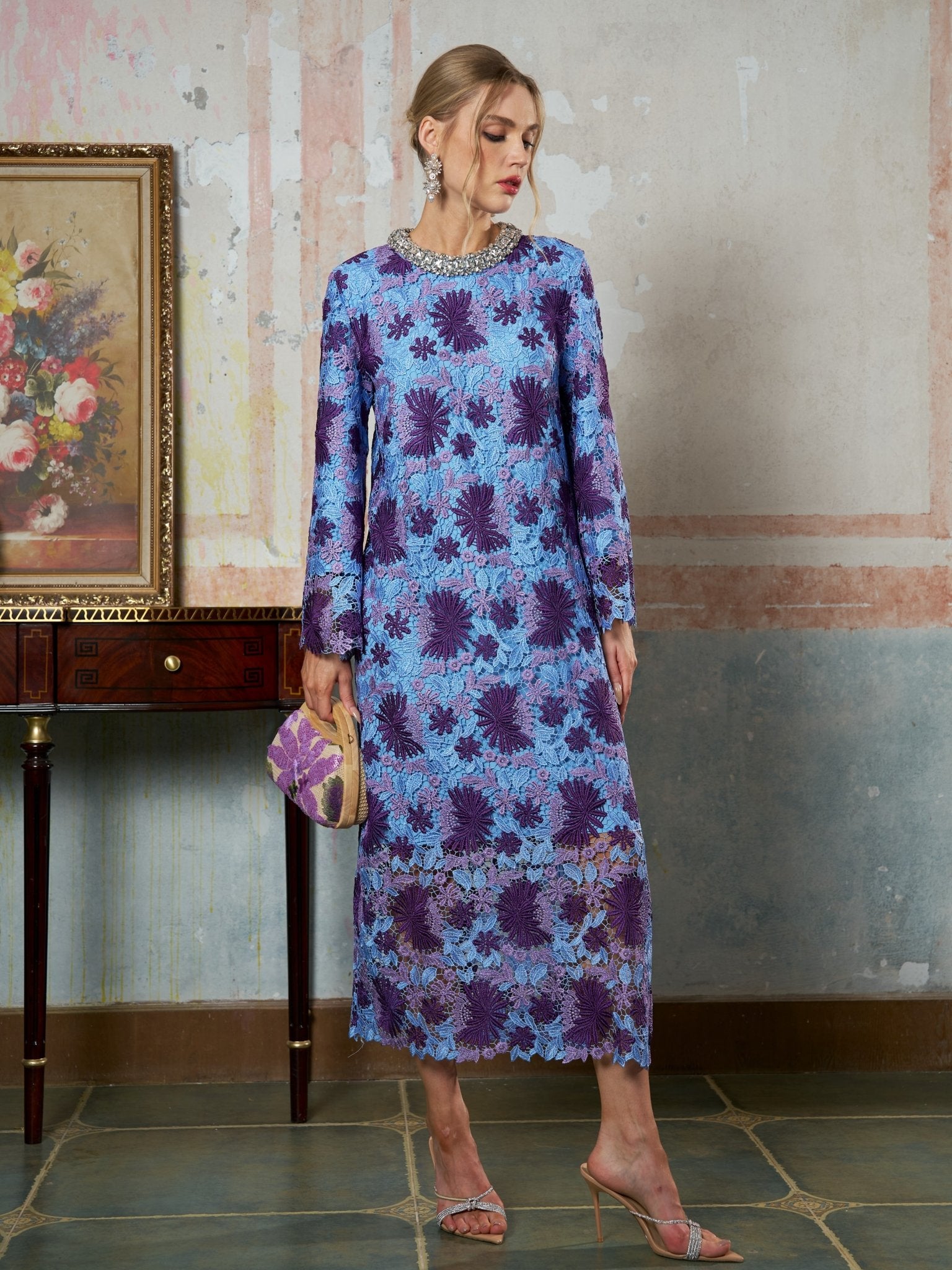Crystal Trim Lace Shift Dress - Social Queen