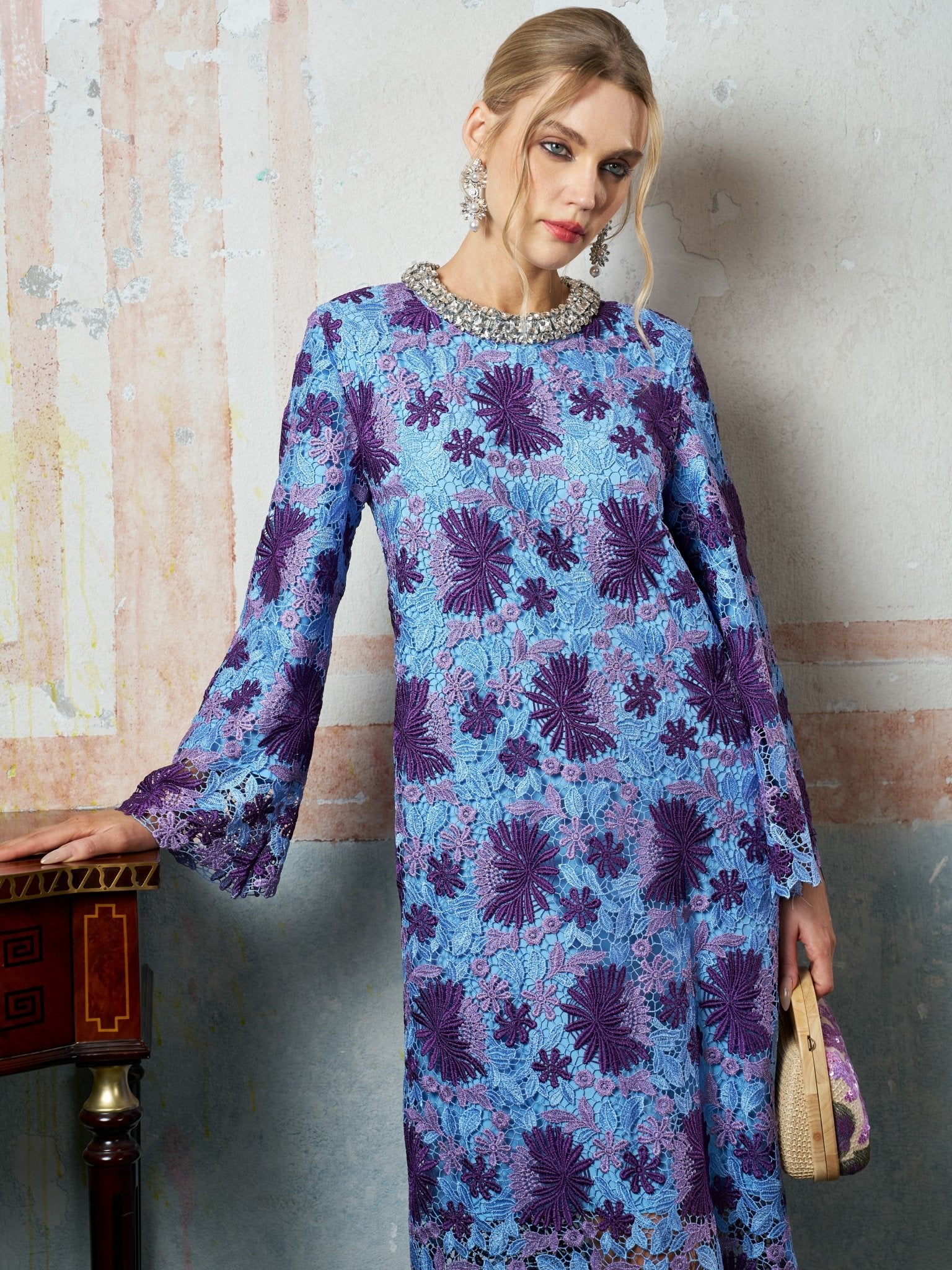 Crystal Trim Lace Shift Dress - Social Queen