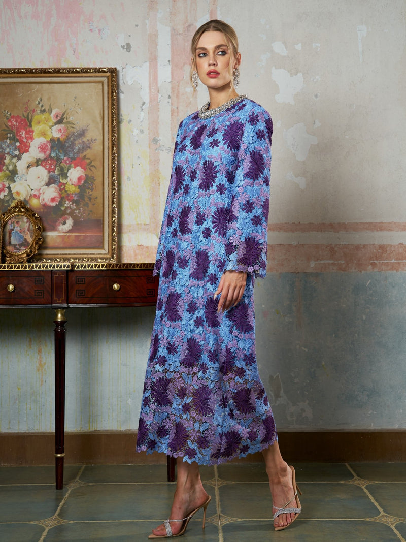 Crystal Trim Lace Shift Dress - Social Queen