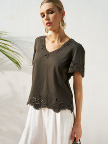Cutout Embroidered Cotton Top - Social Queen