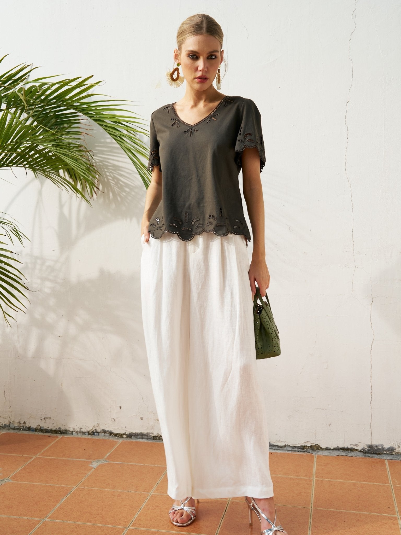 Cutout Embroidered Cotton Top - Social Queen