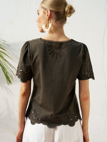 Cutout Embroidered Cotton Top - Social Queen