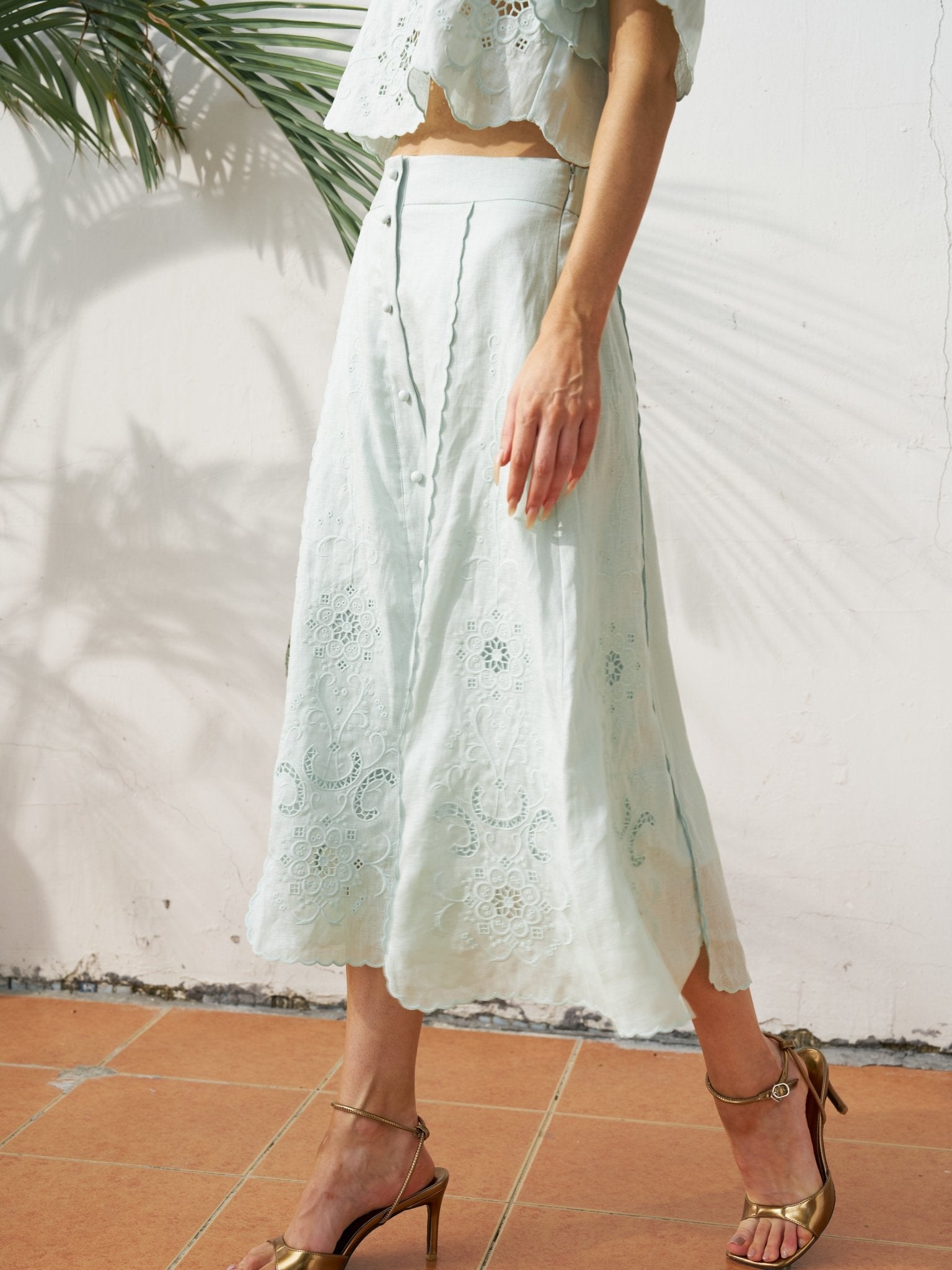 Cutout Embroidered Linen Midi Skirt - Social Queen