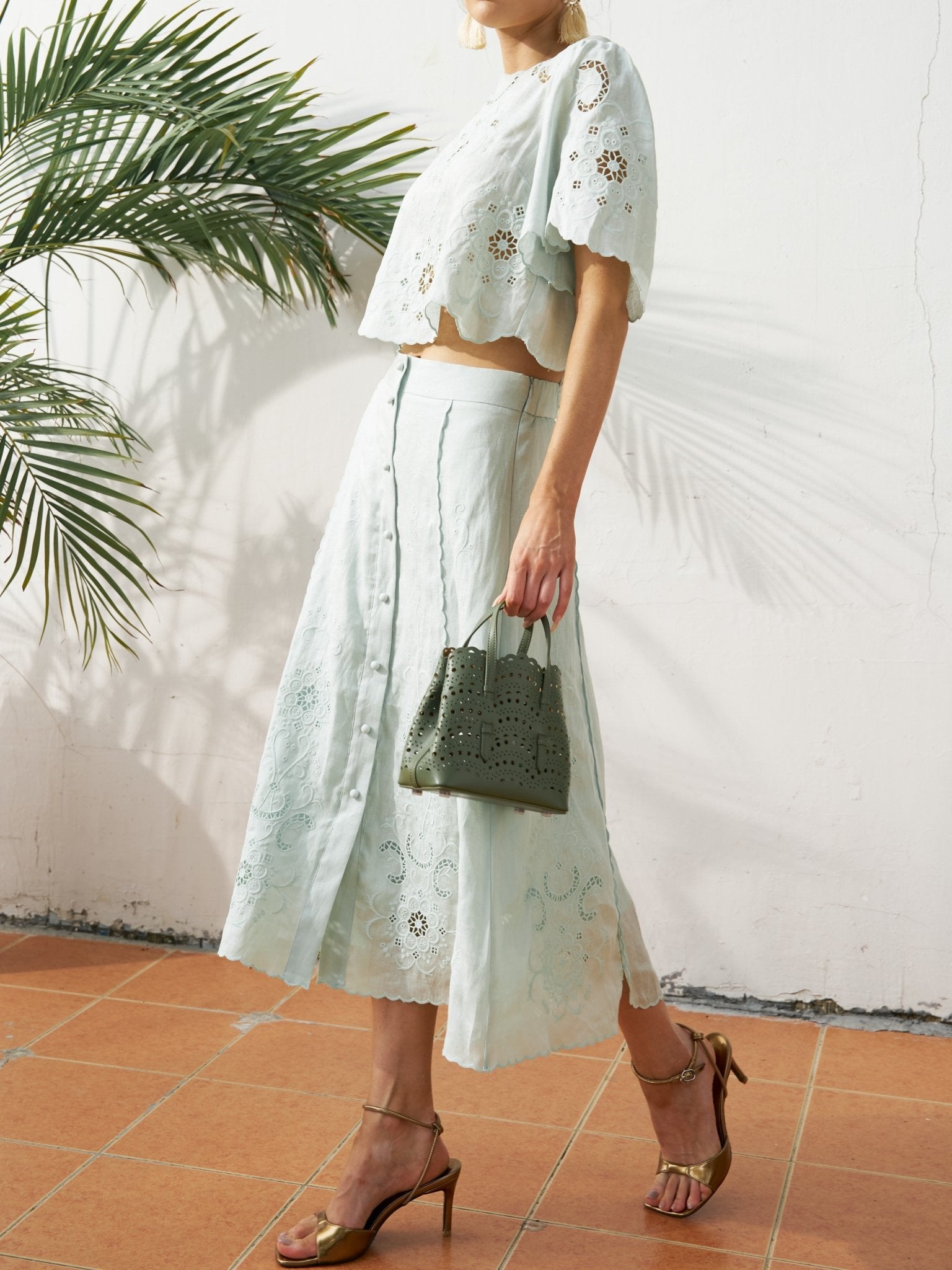 Cutout Embroidered Linen Midi Skirt - Social Queen