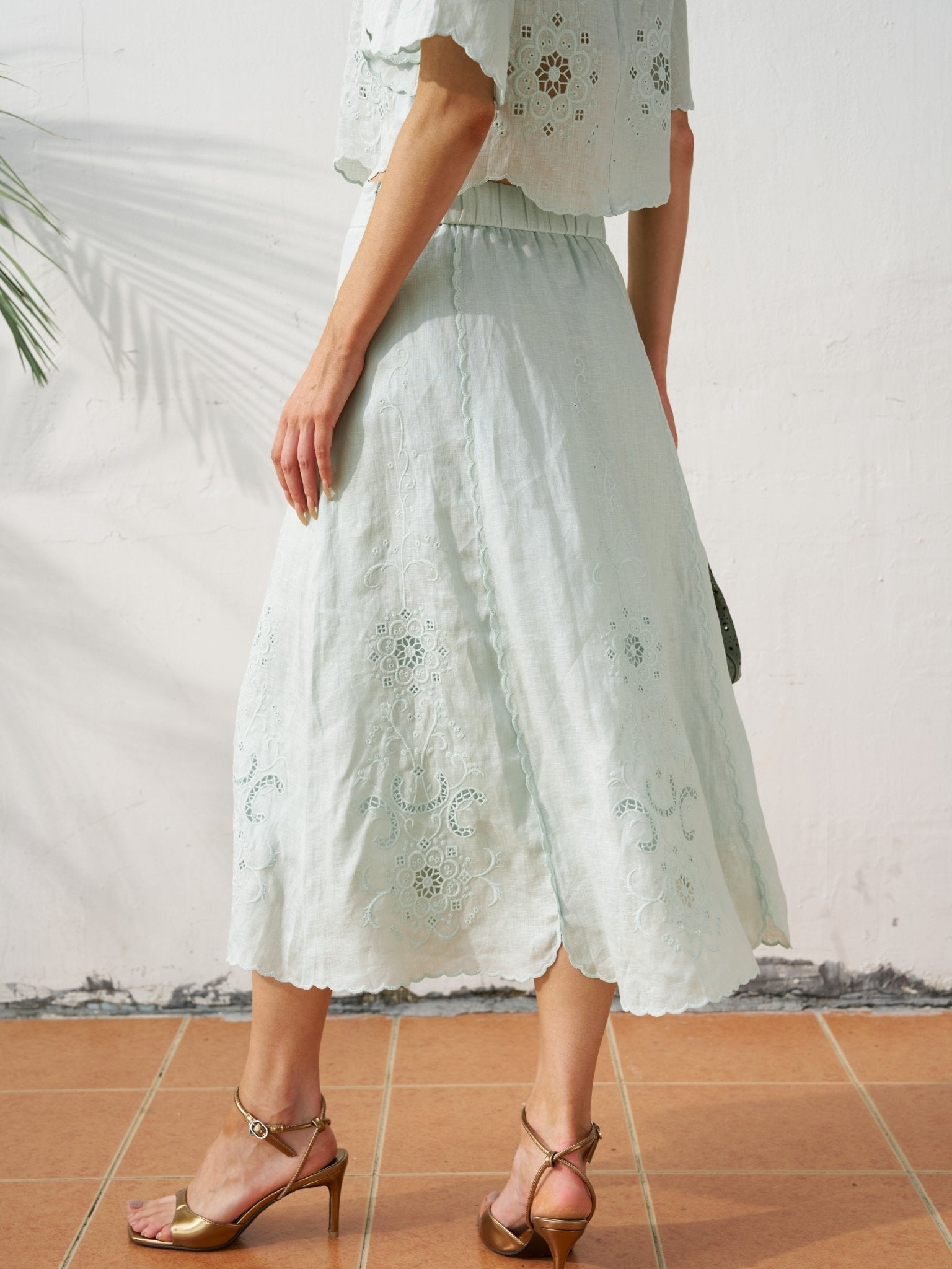 Cutout Embroidered Linen Midi Skirt - Social Queen