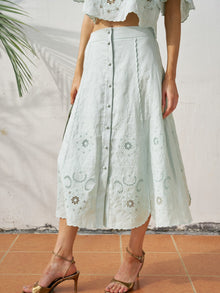 Cutout Embroidered Linen Midi Skirt - Social Queen