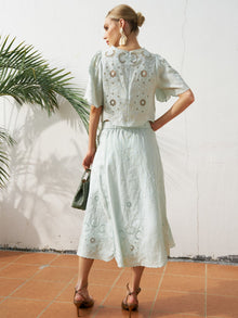 Cutout Embroidered Linen Midi Skirt - Social Queen