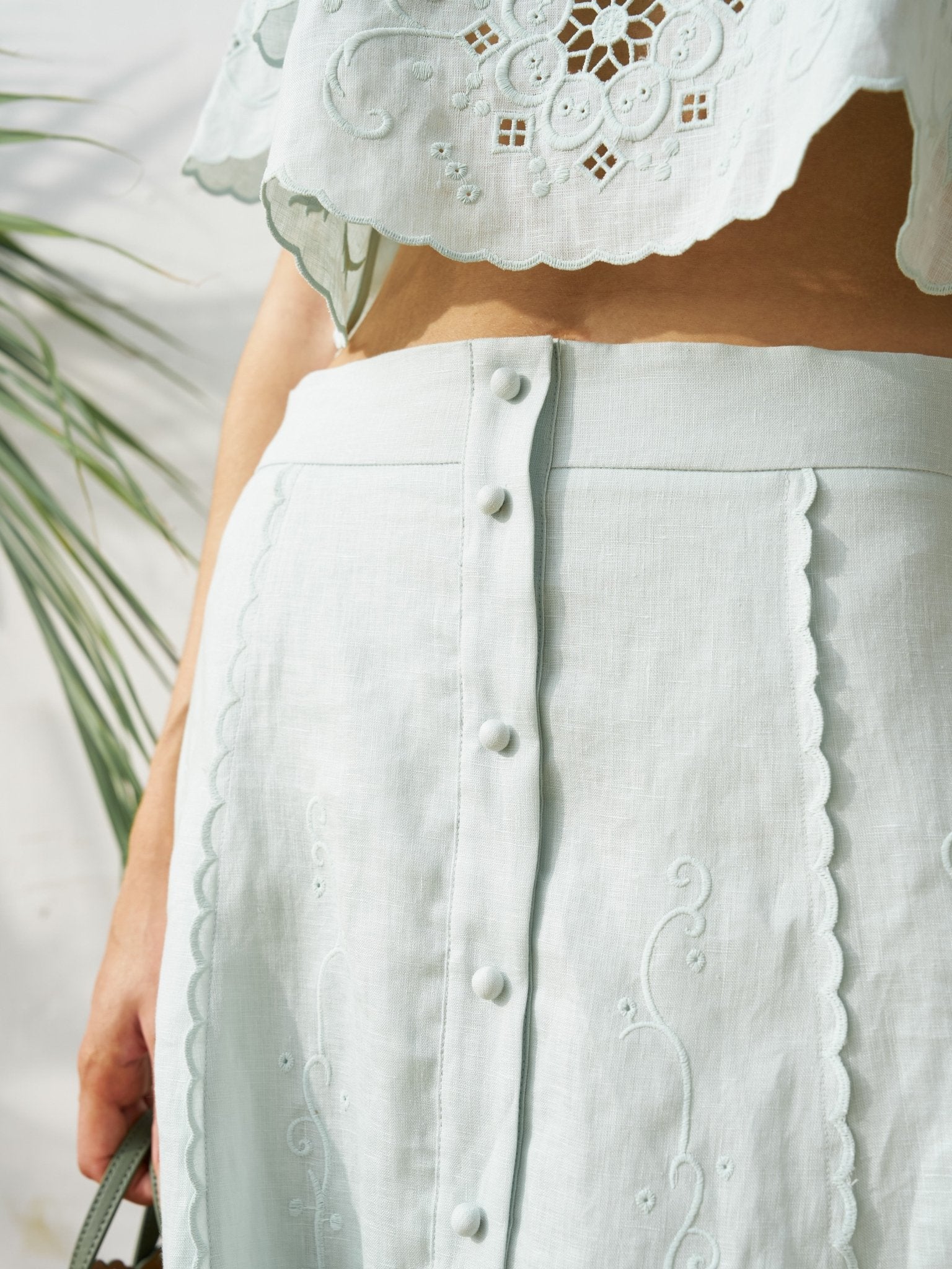 Cutout Embroidered Linen Midi Skirt - Social Queen