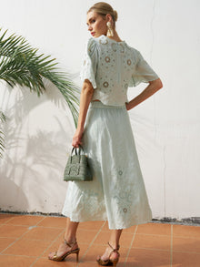 Cutout Embroidered Linen Top - Social Queen