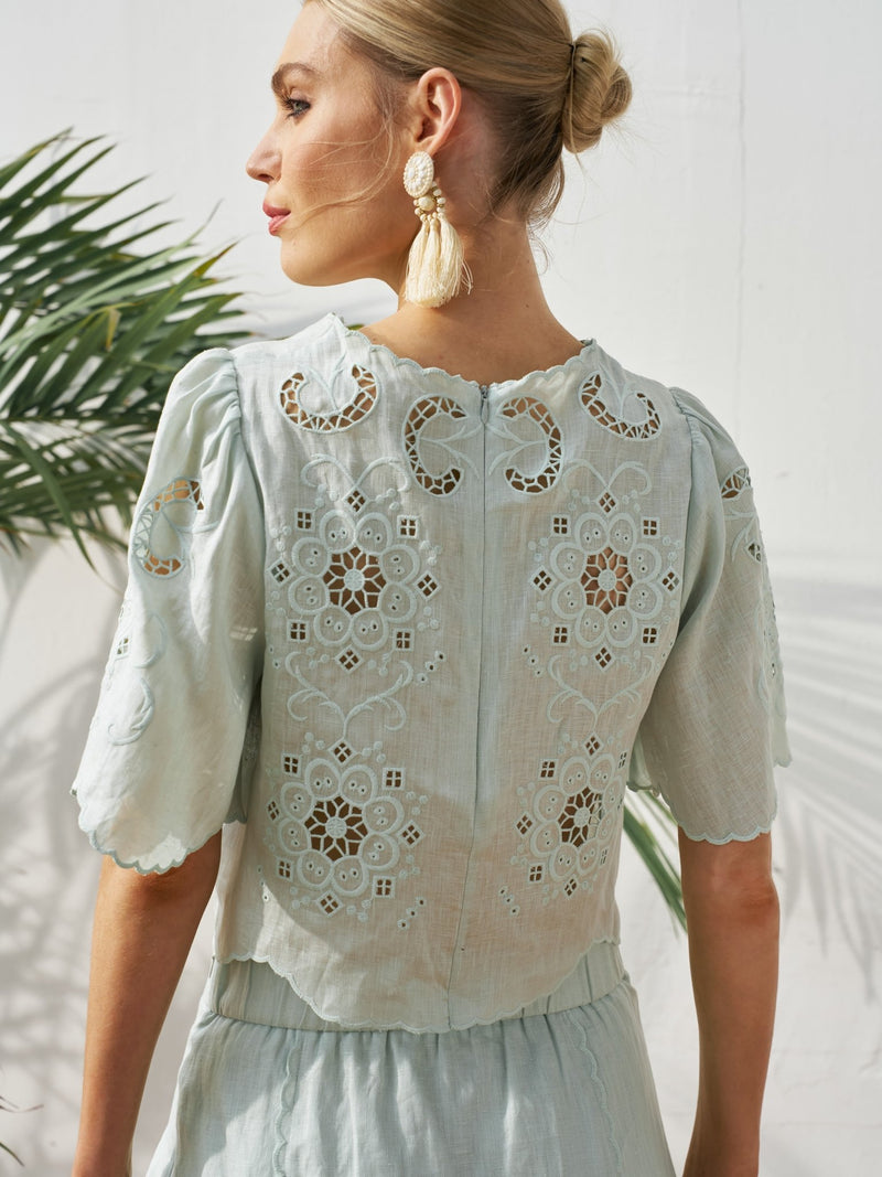 Cutout Embroidered Linen Top - Social Queen