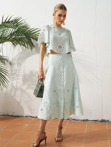 Cutout Embroidered Linen Top - Social Queen