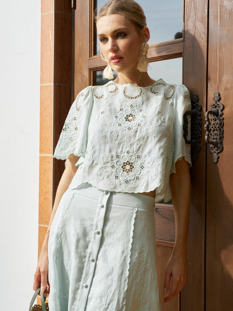Cutout Embroidered Linen Top - Social Queen