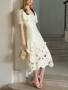 Cutout Floral Appliqué Satin Dress - Social Queen