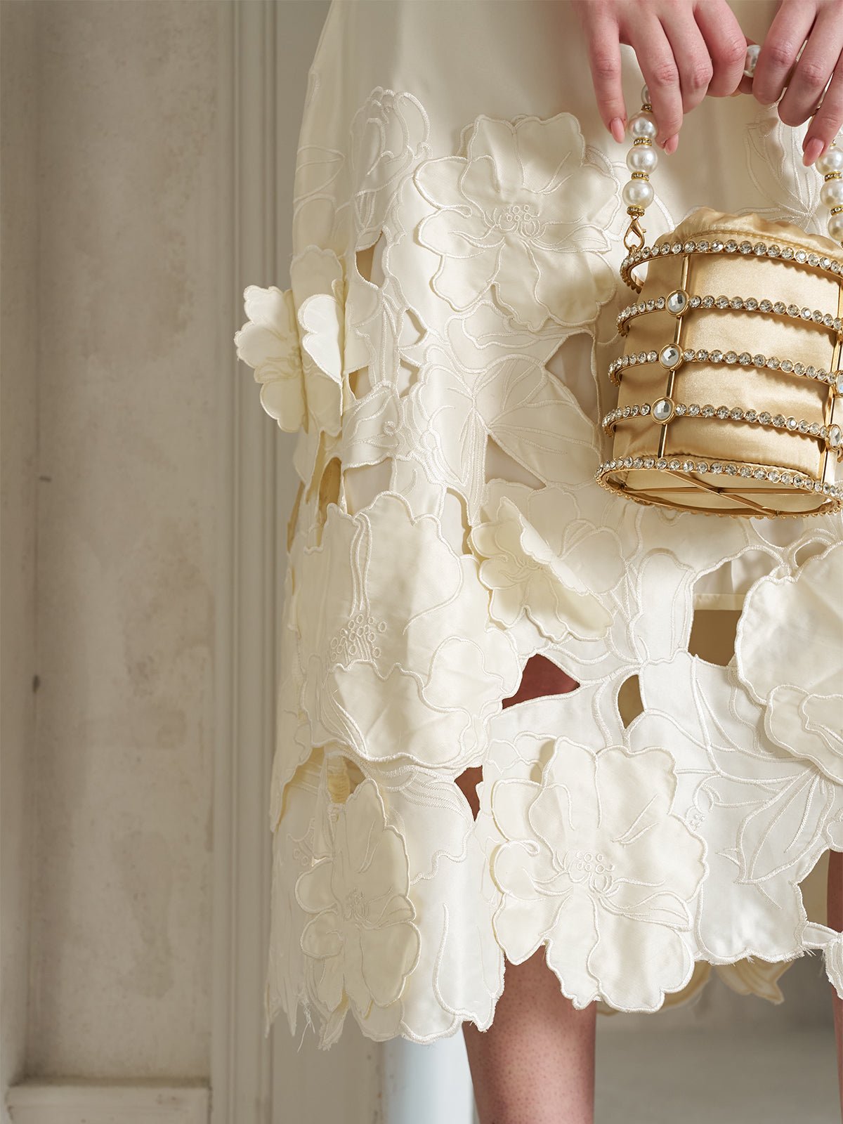 Cutout Floral Appliqué Satin Dress - Social Queen