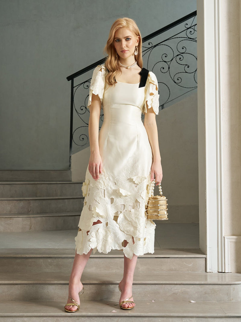 Cutout Floral Appliqué Satin Dress - Social Queen