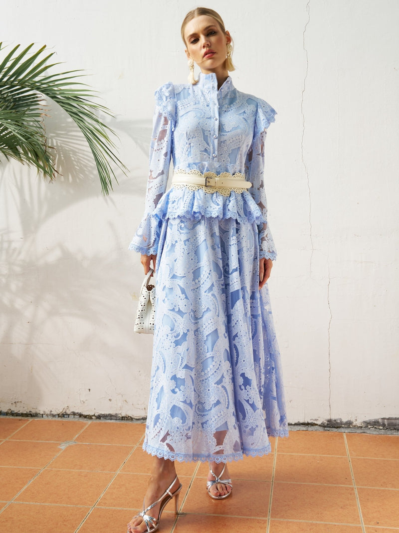 Cutout Lace Ruffle Trim Midi Dress（Belt not included) - Social Queen