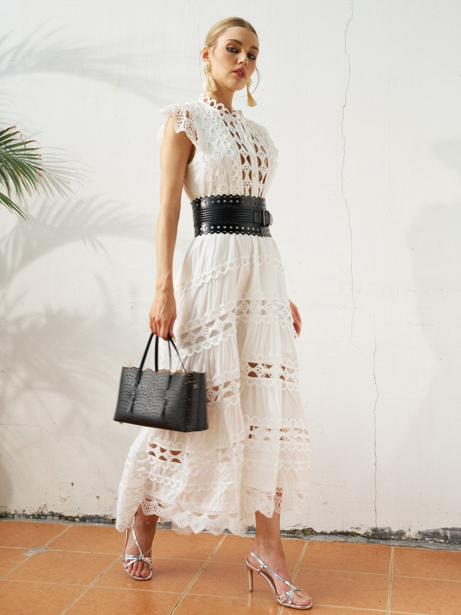Cutout Lace Sleeveless Cotton Dress（Belt not included) - Social Queen