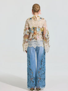 Cutwork Lace Wide-Leg Jeans - Social Queen