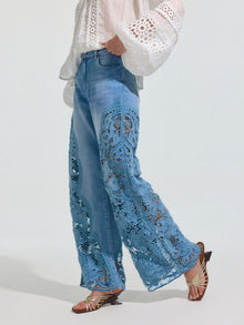 Cutwork Lace Wide-Leg Jeans - Social Queen