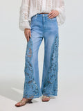 Cutwork Lace Wide-Leg Jeans - Social Queen