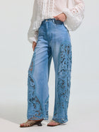 Cutwork Lace Wide-Leg Jeans - Social Queen