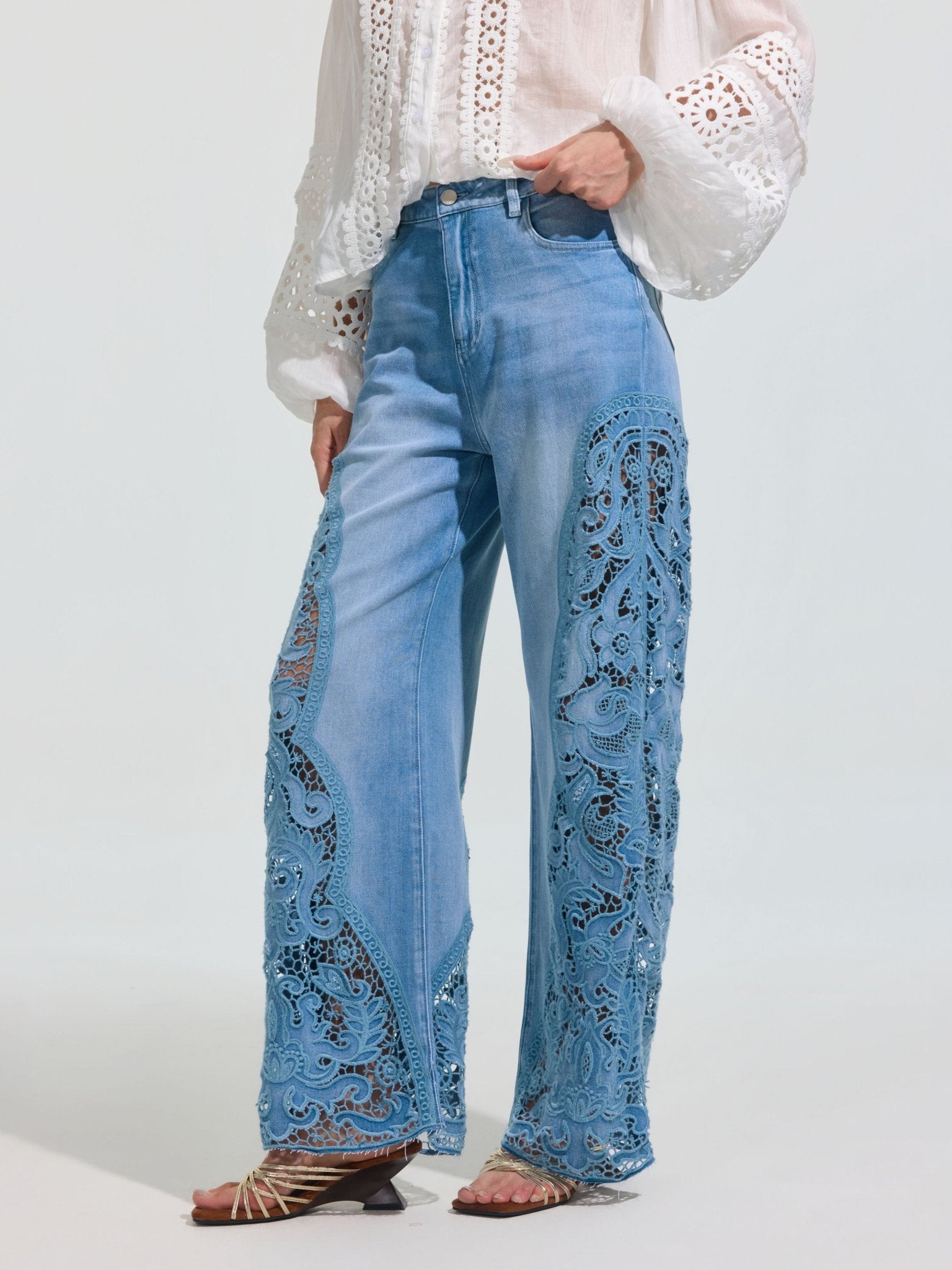 Cutwork Lace Wide-Leg Jeans - Social Queen