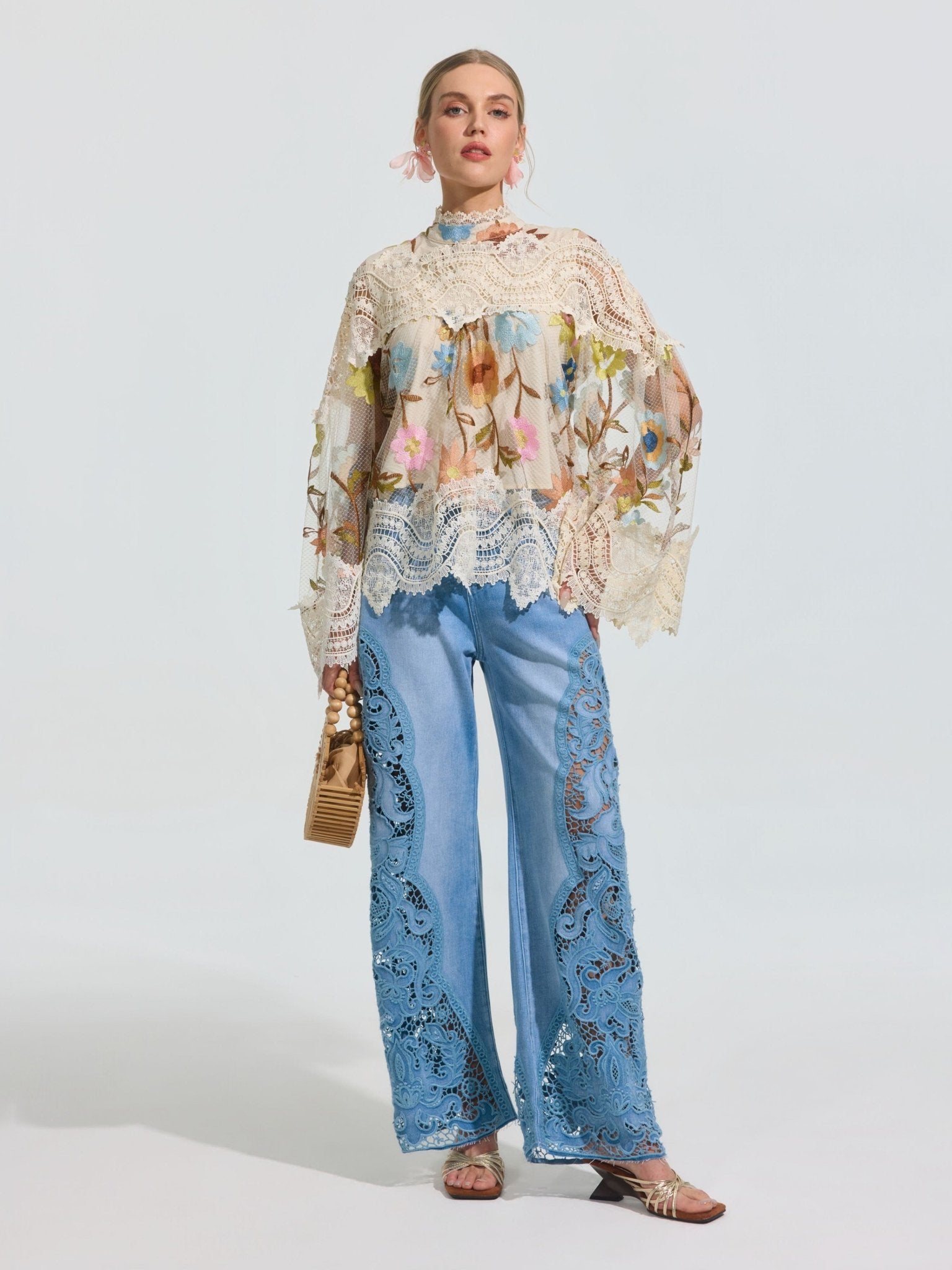 Cutwork Lace Wide-Leg Jeans - Social Queen