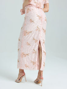 Dragonfly Beaded Lace Midi Skirt - Social Queen