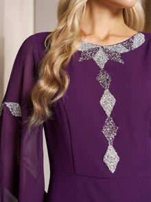A woman with long blonde hair wears the Social Queen Elegant Beaded Split-Sleeve Dress, a purple high-waist A-line evening dress with silver diamond-shaped embellishments on the front and sleeves.