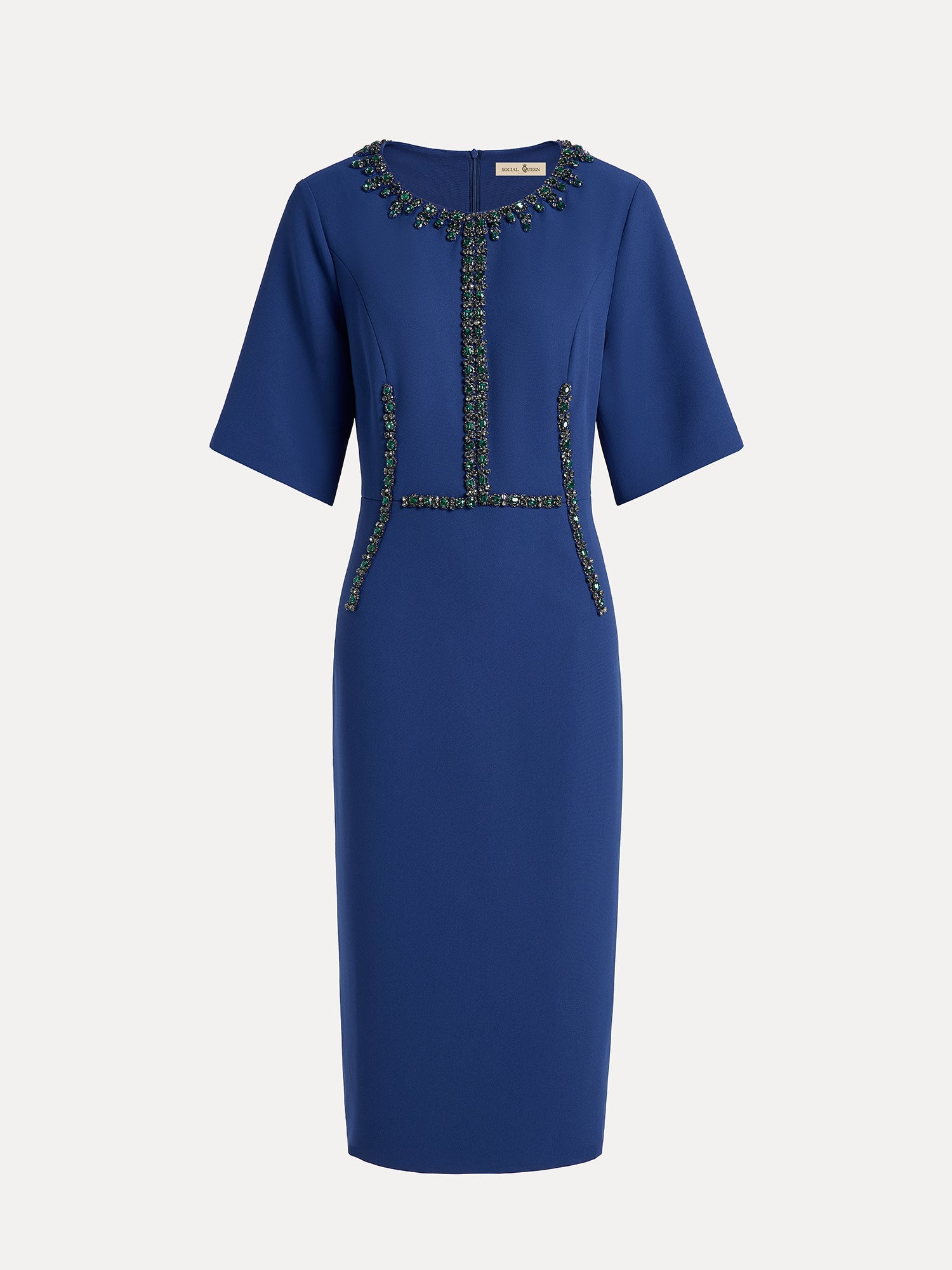 The Social Queen Elegant Hand-Beaded Green Crystal Dress is a royal blue, knee-length midi with a fitted waist, short sleeves, and green crystal embellishments on the neckline, front, and pockets.