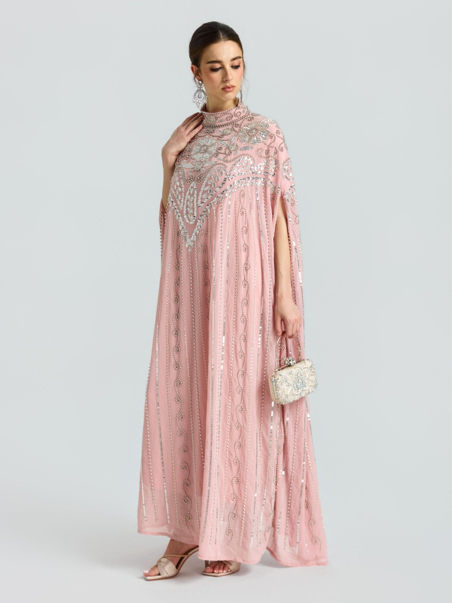 Embellished Chiffon Cape Dress - Social Queen