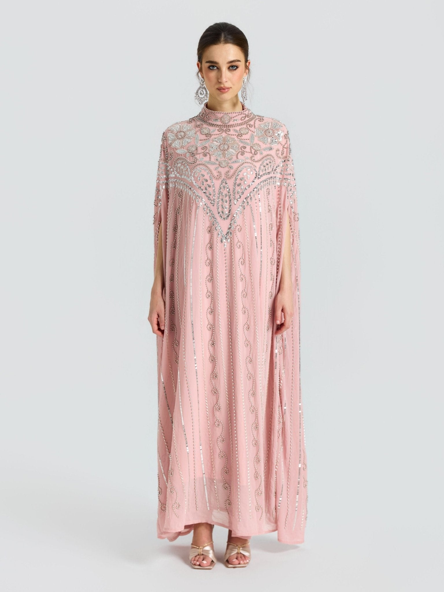 Embellished Chiffon Cape Dress - Social Queen