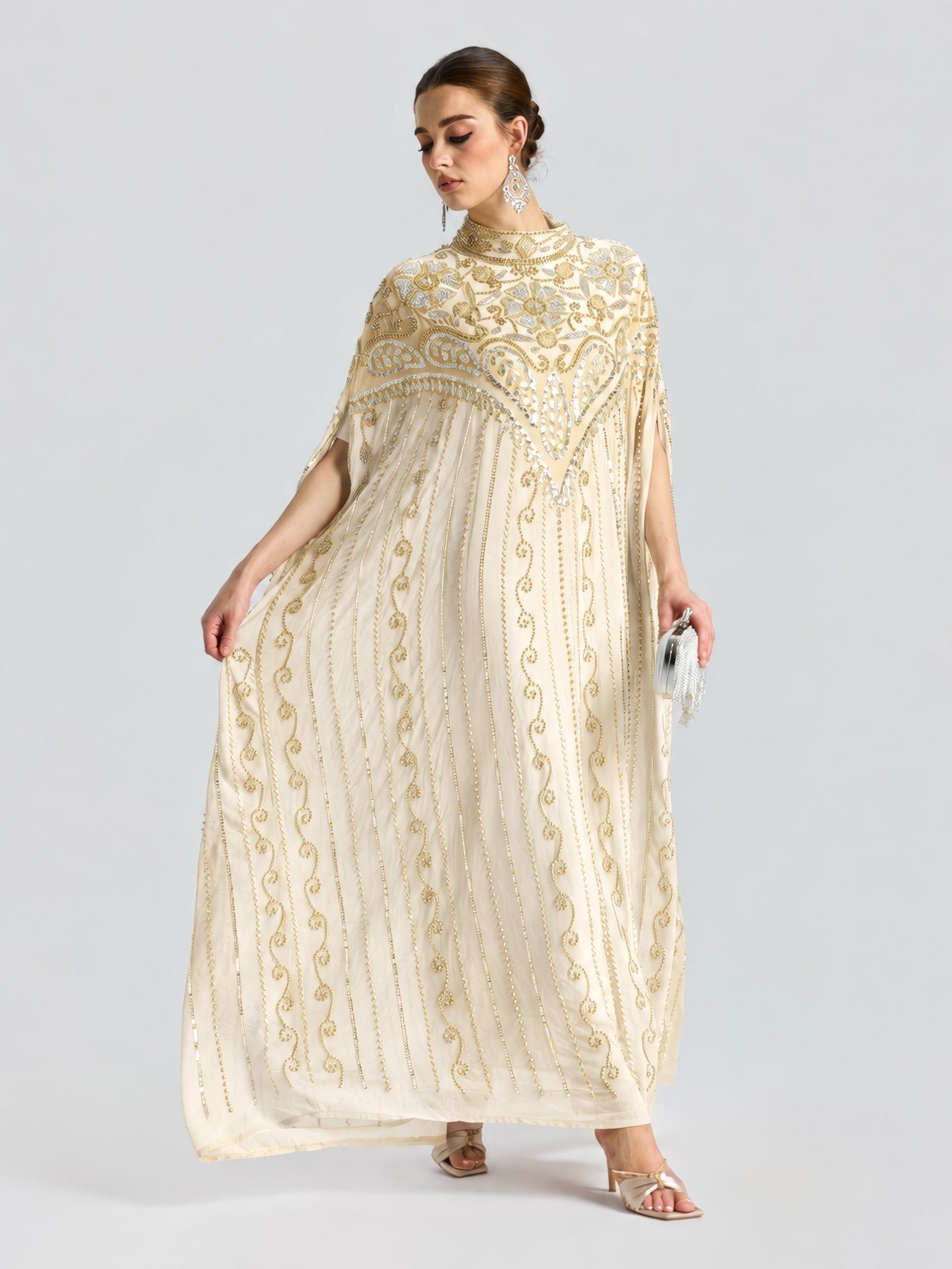 Embellished Chiffon Cape Dress - Social Queen