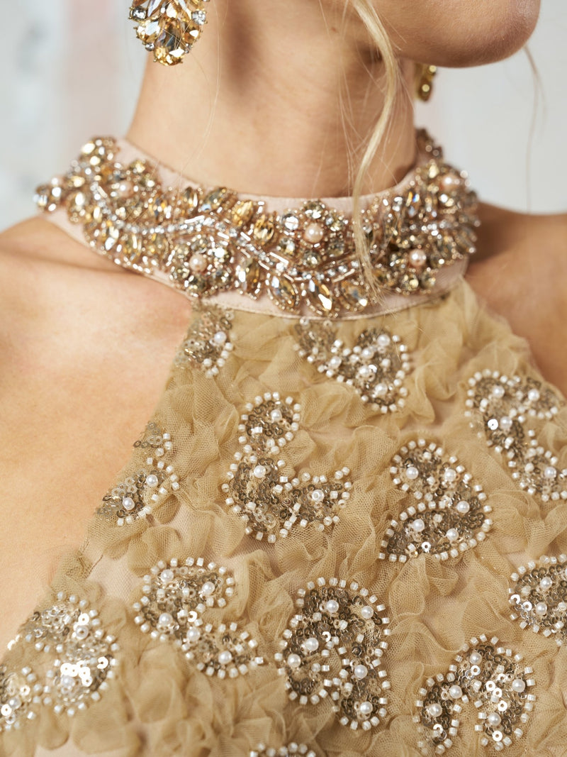 Embellished Floral Halter Dress - Social Queen