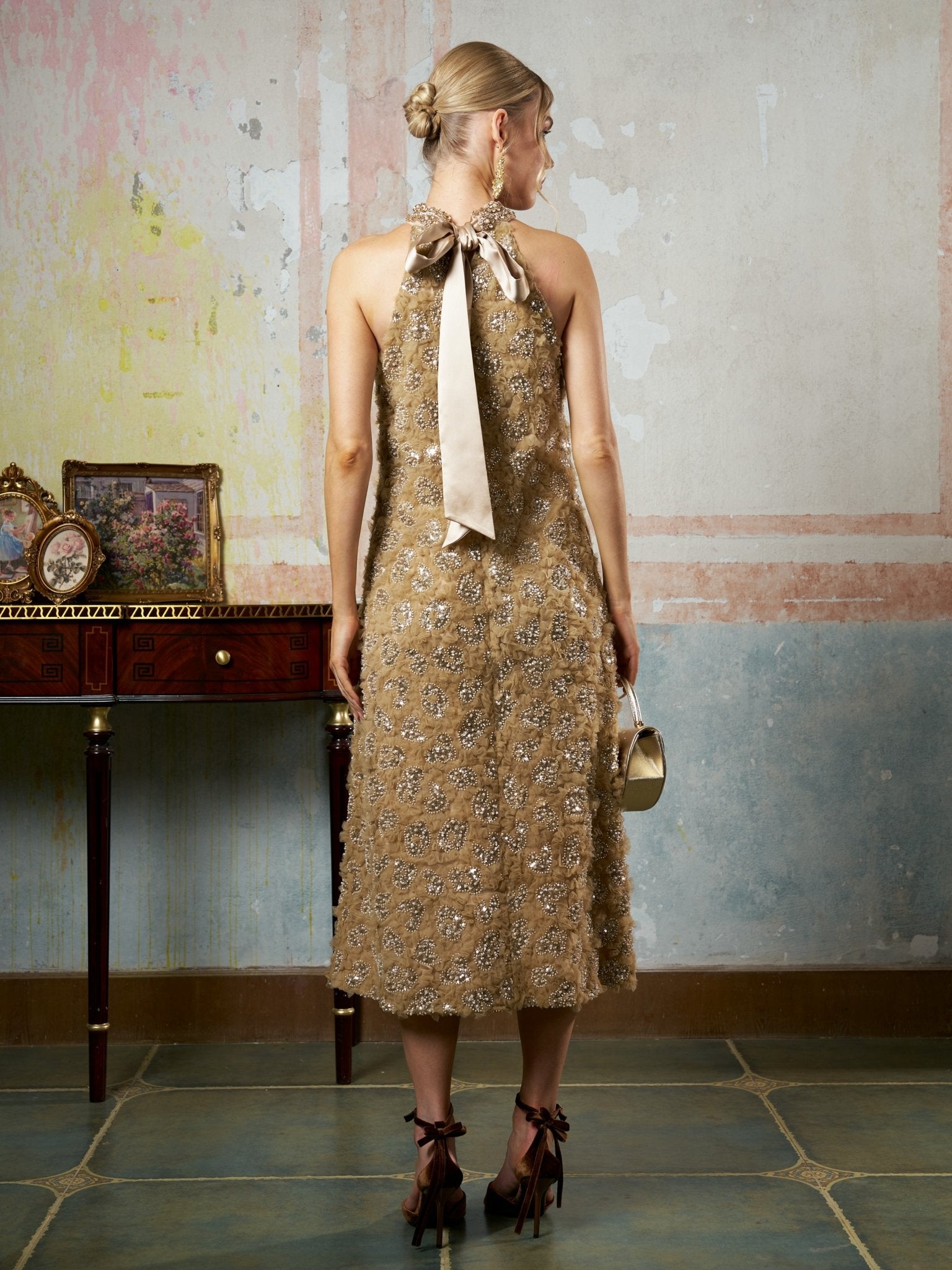 Embellished Floral Halter Dress - Social Queen