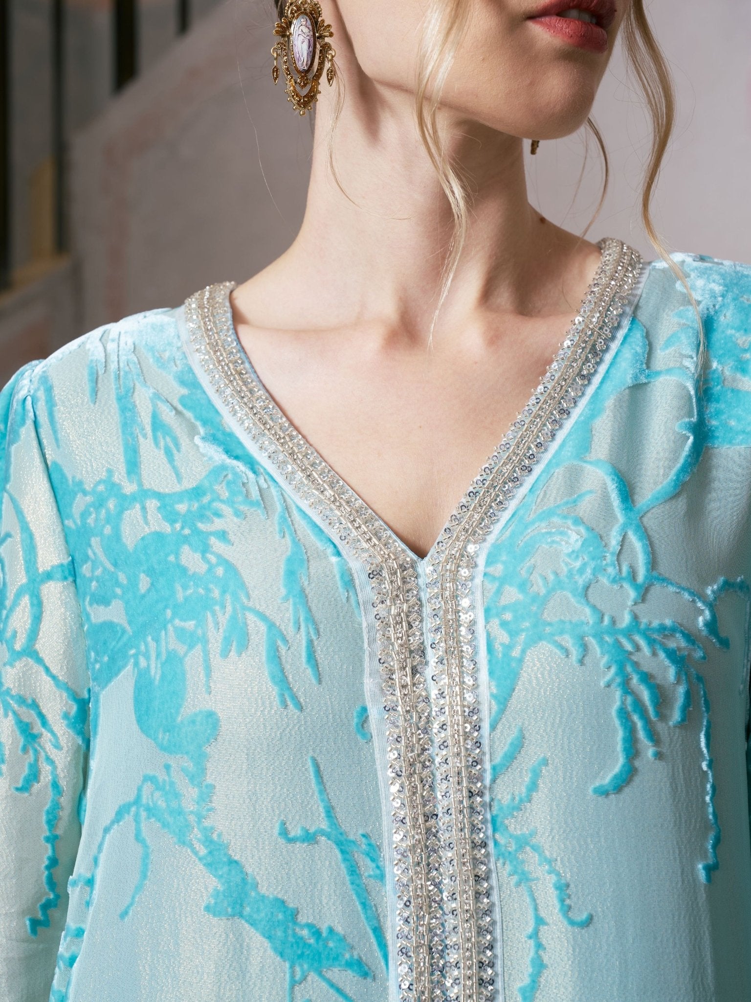 Embellished Velvet Burnout Silk Dress - Social Queen