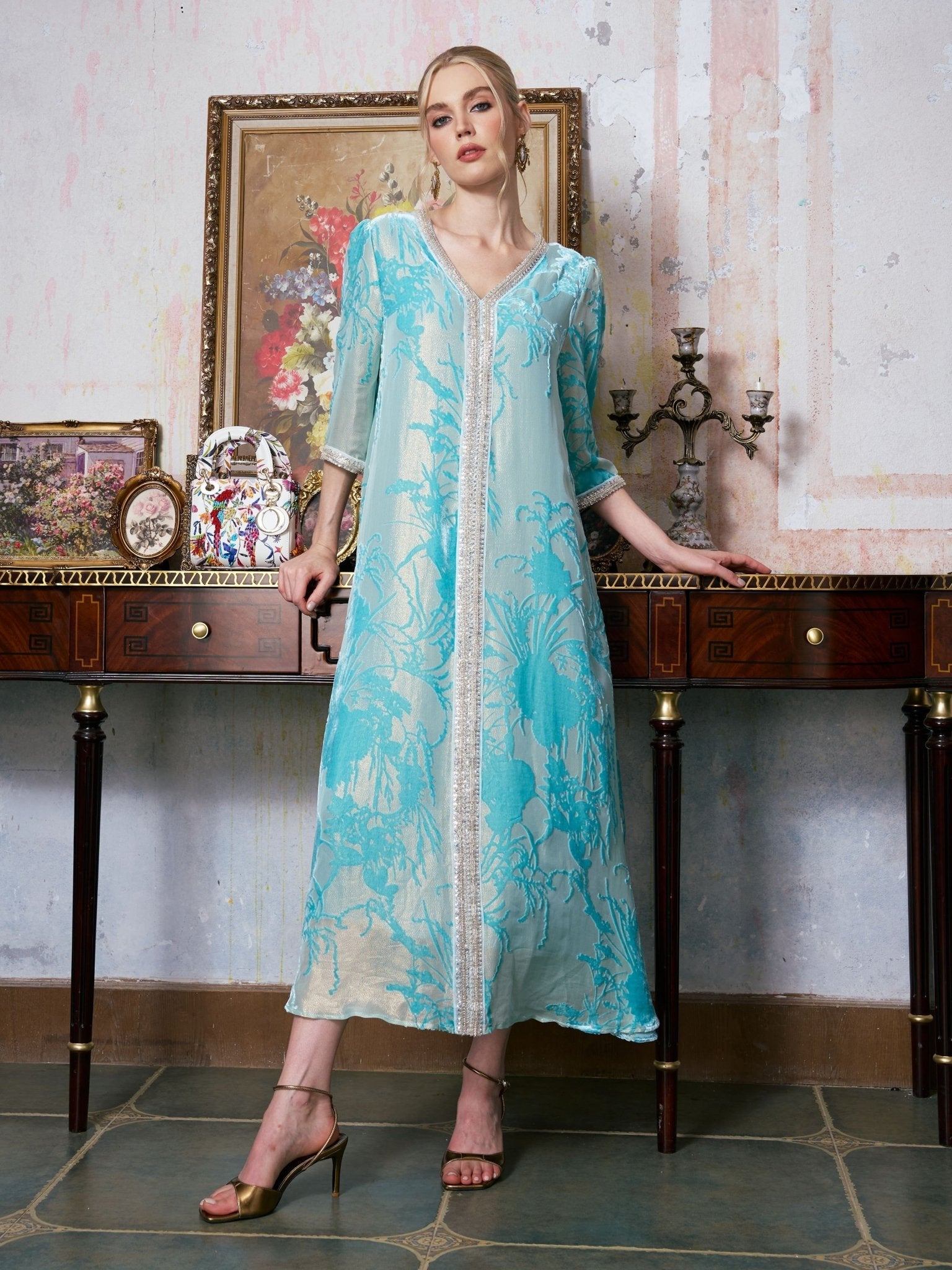 Embellished Velvet Burnout Silk Dress - Social Queen