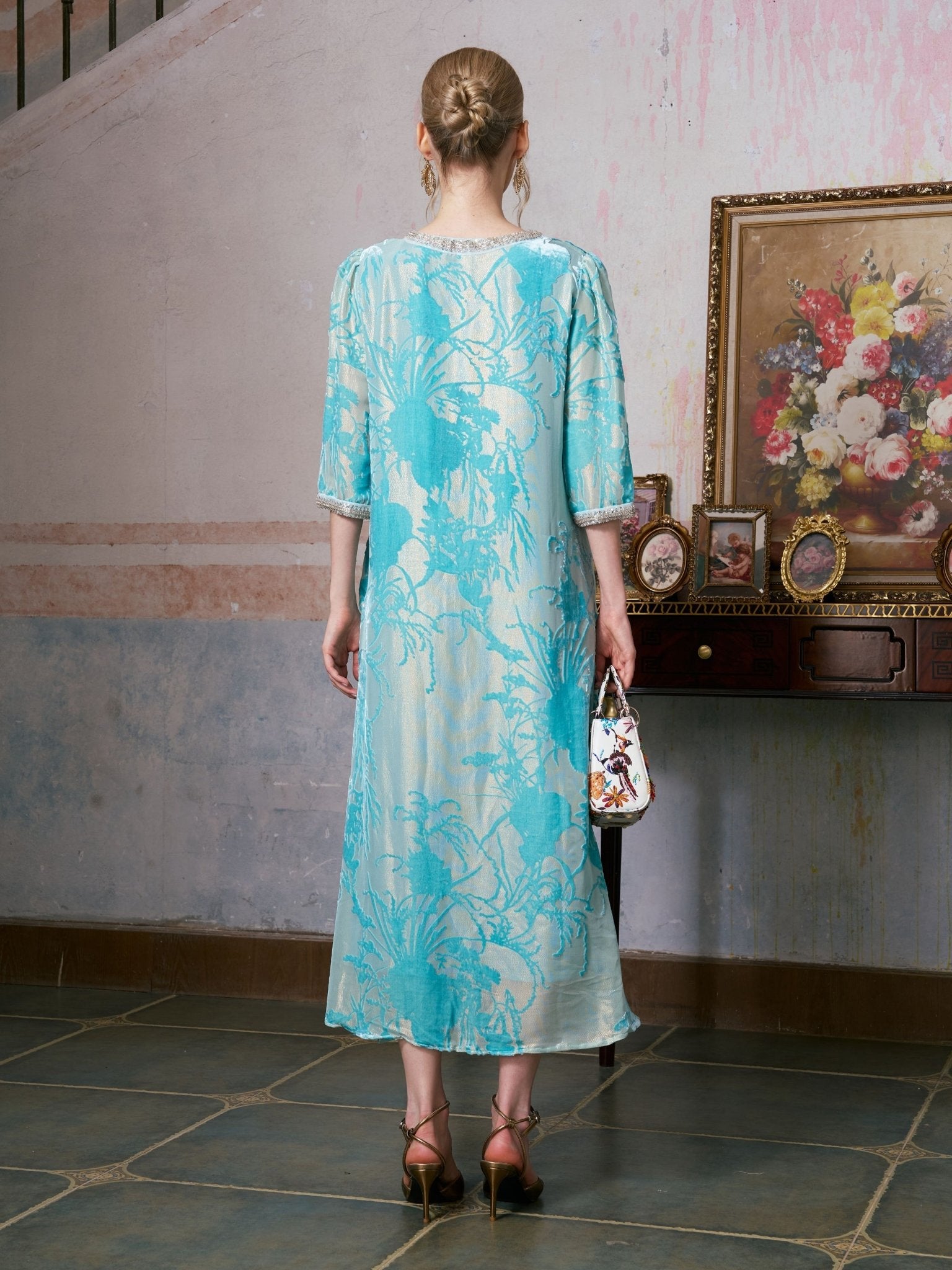 Embellished Velvet Burnout Silk Dress - Social Queen