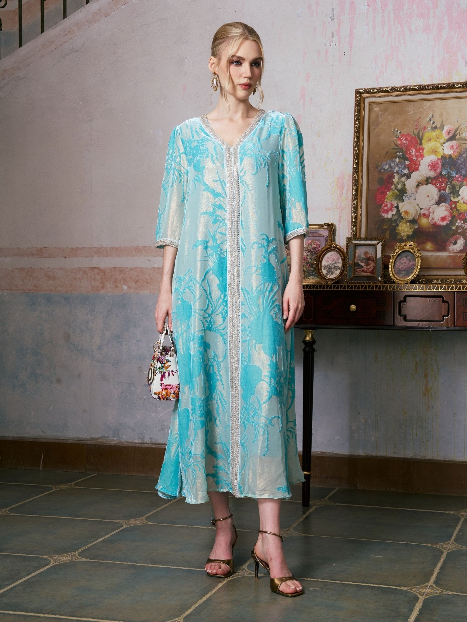 Embellished Velvet Burnout Silk Dress - Social Queen