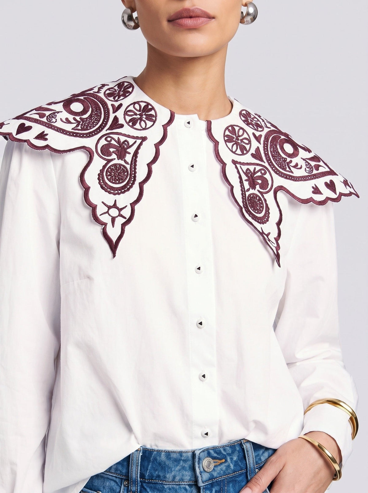 Embroidered Collar Cotton Blouse - Social Queen