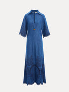 The Social Queen Embroidered Jacquard Denim Dress features a blue midi A-line silhouette, elbow-length flared sleeves, V-neck with collar, and jacquard embroidery on the hem and sleeve edges.