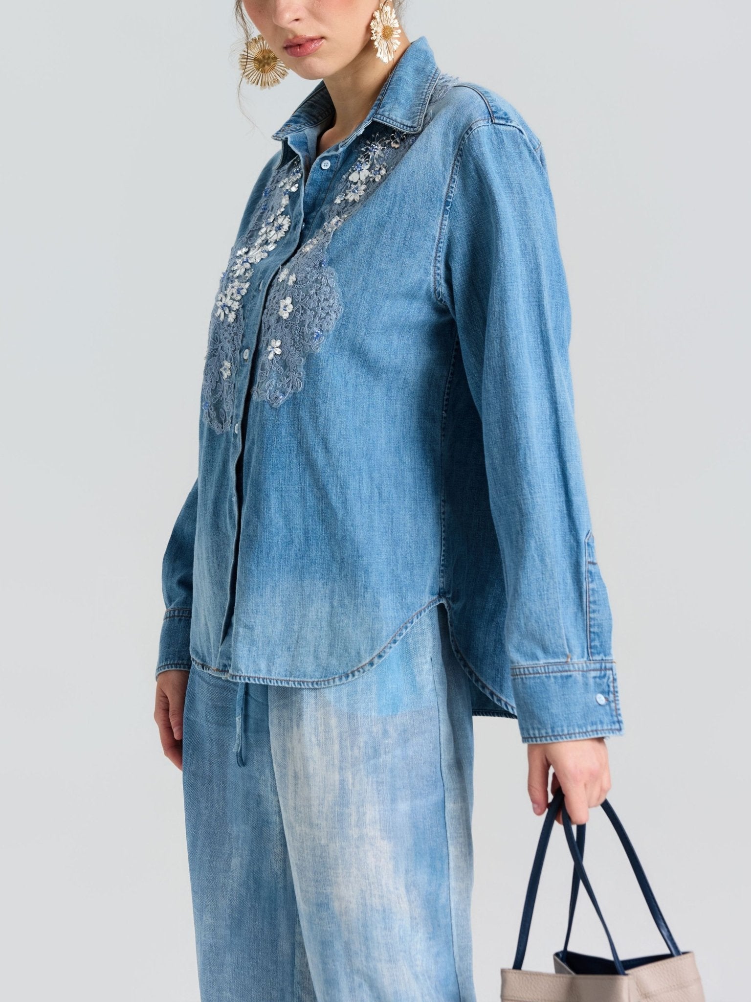 Embroidered Lace Denim Shirt - Social Queen